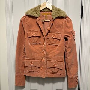Twill Twenty Two Fur Trim Button Corduroy Jacket, pink, size small